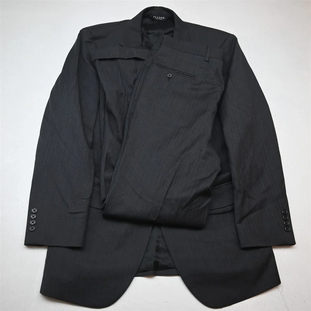 Jos A Bank 40L 34x32 Gray Herringbone 100% Wool Mens Jacket Pants Suit